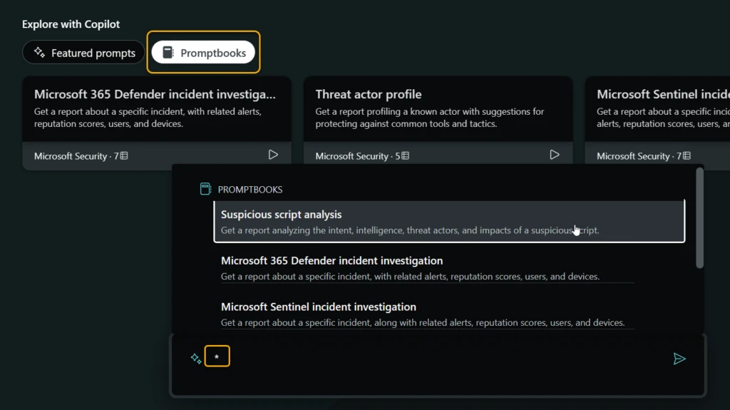 Dashboard view of how to access and search for Promptbooks within Microsoft Copilot for Security.