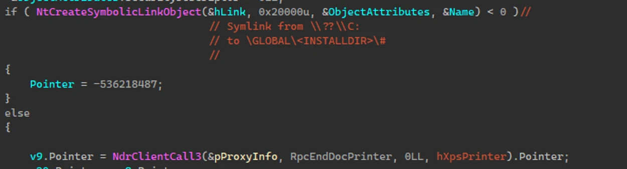 Screenshot of the C: drive symbolic link hijack code