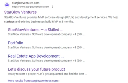 Search results for "StarGlow Ventures" showing the StarGlow website and pages like "Portfolio" and "Let's discuss your future product" among others.