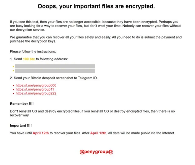Screenshot of the FakePenny ransomware note, which bear resemblance to the NotPetya ransomware note