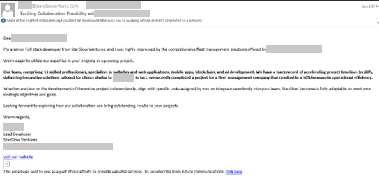 Screenshot of an email that Moonstone Sleet has used in related to its StarGlow Ventures campaign