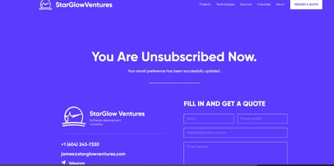 Screenshot of the Unsubscribe page on the StarGlow Ventures website with the words "You are Unsubscribed Now."