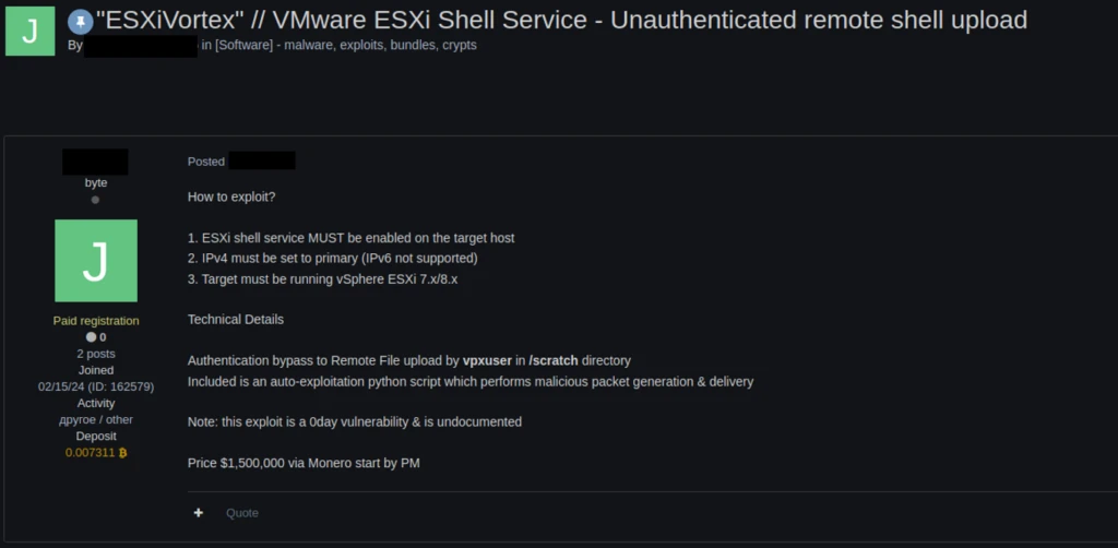 Screenshot of post about ESXi unauthenticated shell for sale in the dark web