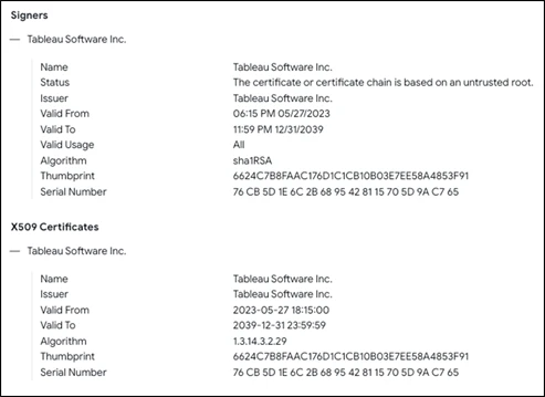 Information on the file signature for the fake Tableau Software certificate.