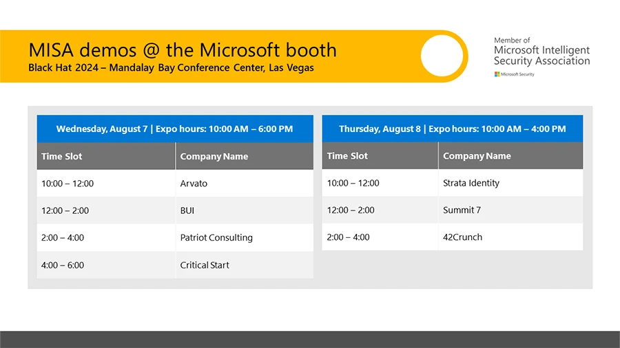 Decorative graphic listing the MISA demo sessions at the Microsoft Booth at Black Hat USA 2024.