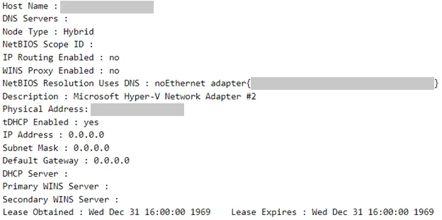 A screenshot of sample network information captured by Tickler malware.