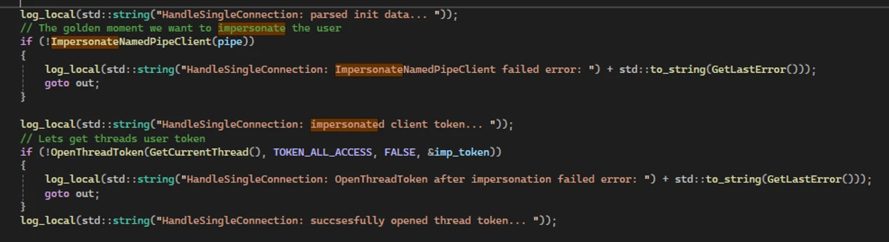 Screenshot of code depicting impersonation of a privileged user