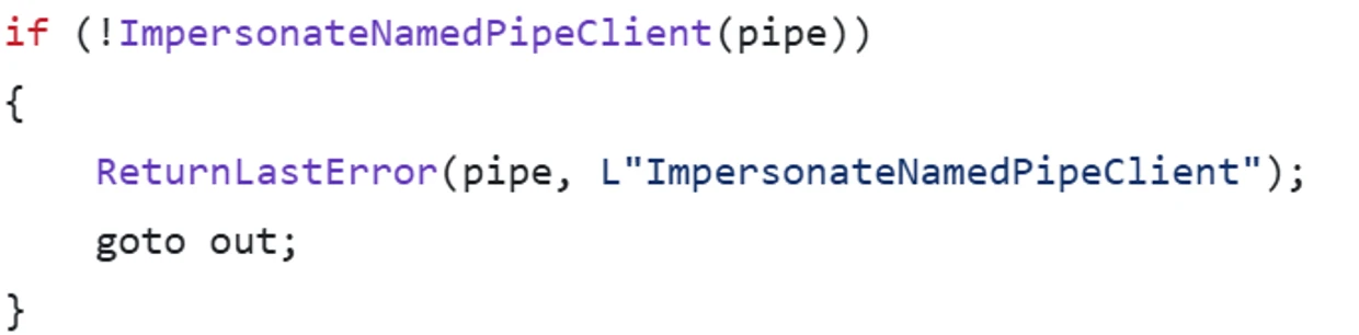 Screenshot of code depicting named pipe impersonation