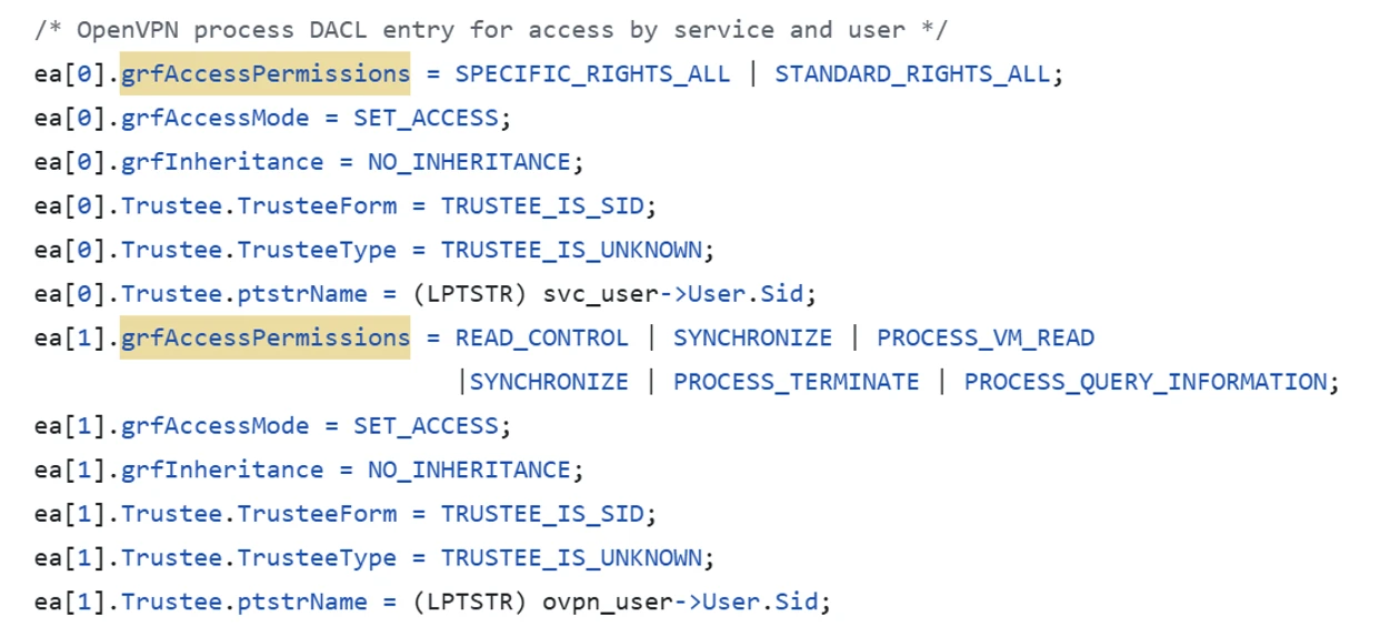 Screenshot of code depicting explicit access being granded for OVPN DACL