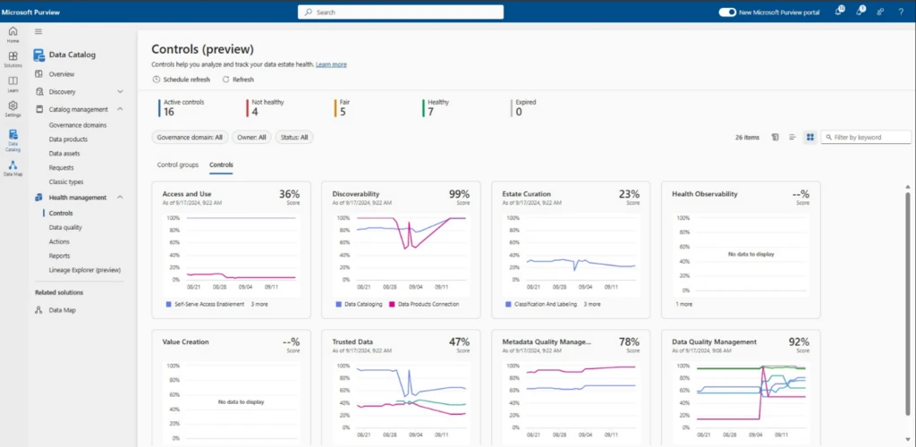 Image of the Microsoft Purview Data Health Controls dashboard.