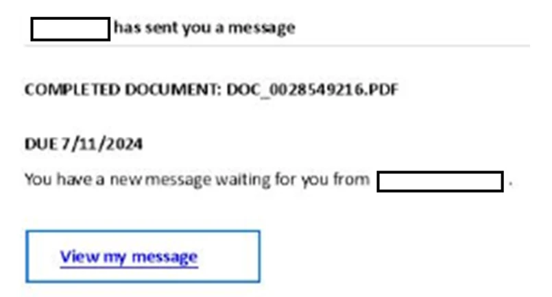 Screenshot displaying a message noting a completed document due on 7/11/2024. The button at the bottom states "View my message". 