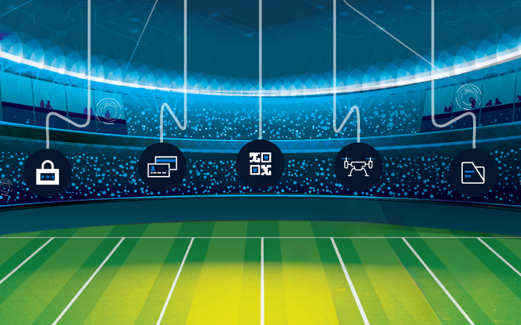 Digital illustration of a stadium with a green field, overlaid with icons representing security, online payment, QR code scanning, drone technology, and document verification against a backdrop of a starry night sky. 