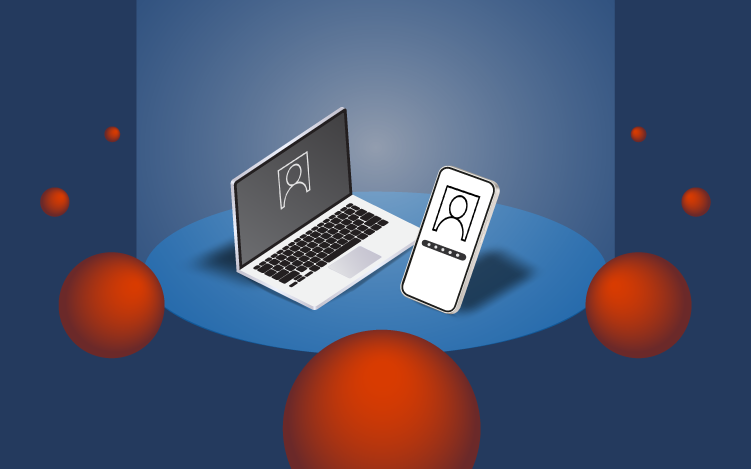 Ominous red spheres representing potential threats surround a laptop and mobile device.