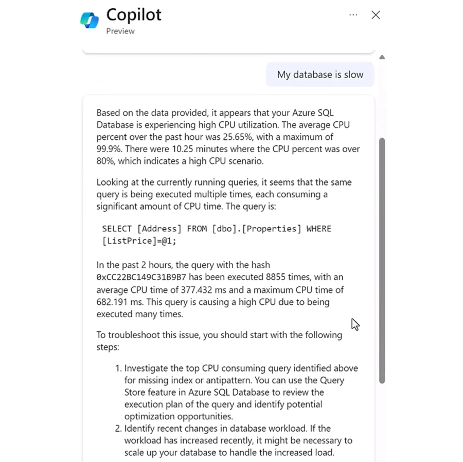 Screenshot of an example of using Copilot for SQL to troubleshoot performance
