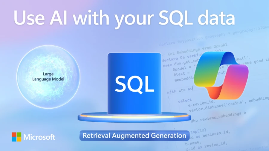 Use AI with your SQL Data infographic with Large Language Model on left, SQL graphic in the middle, Copilot logo on the right, and Retrieval Augmented Generation named below.
