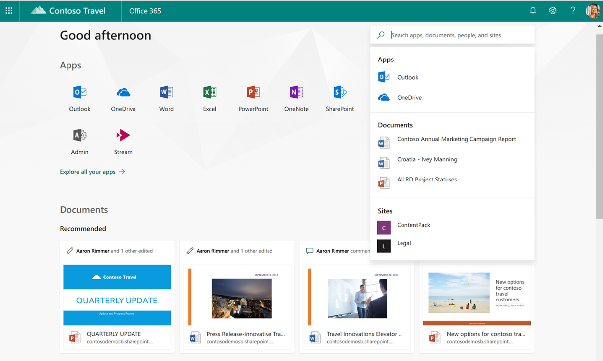 A screenshot displays intelligent recommendations in search in Office 365.