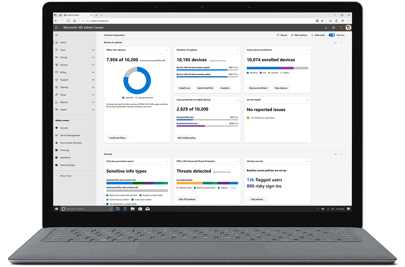 Image shows the Microsoft 365 admin center on an open laptop.