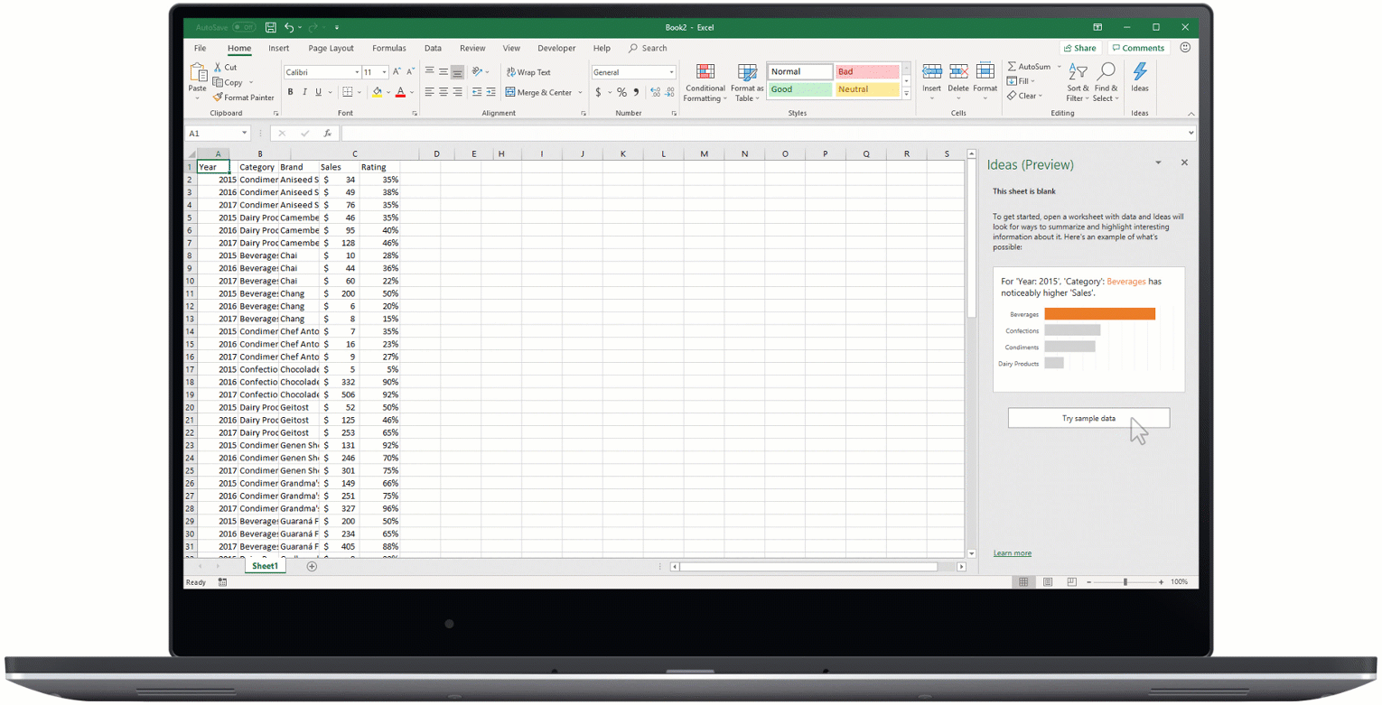 An animated image shows Ideas in Excel.