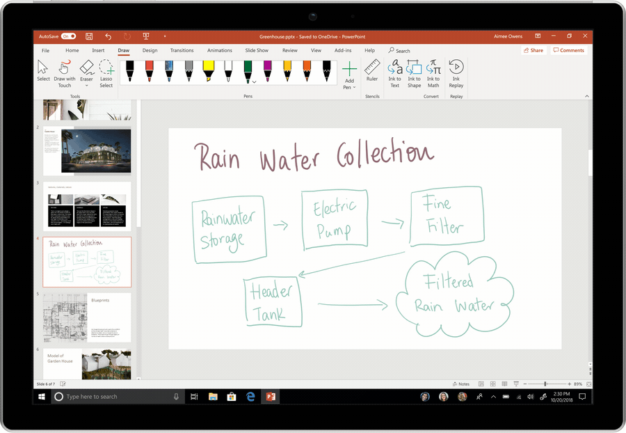An animated screenshot shows ink being converted to text in PowerPoint.