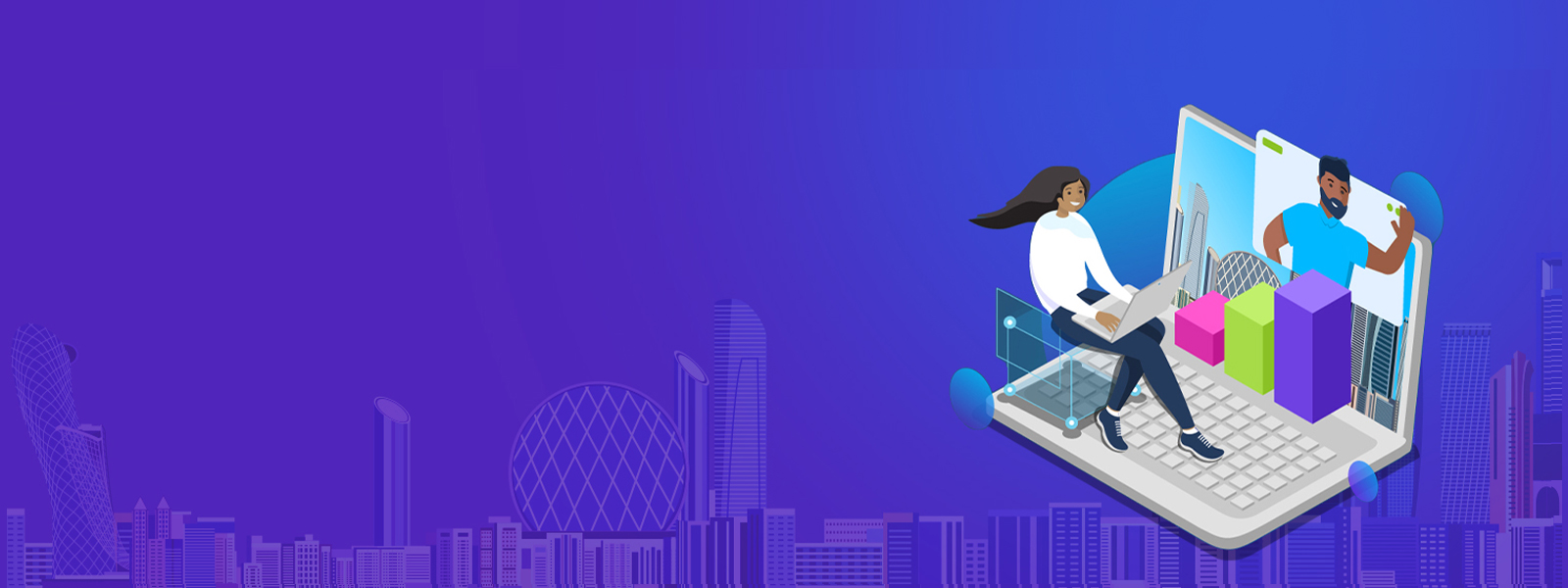 illustration Abu Dhabi Skyline in purple with woman with laptop in lap and a man in a video call