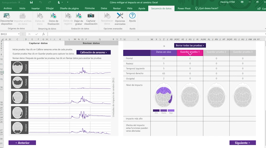 Captura de pantalla de un libro sobre impacto cerebral con el Transmisor de datos en Excel