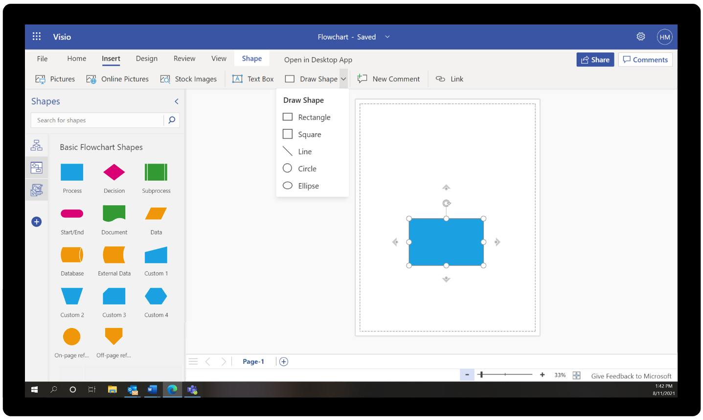 Crea formas en tus diagramas de Visio con la herramienta Dibujar forma desde la pestaña Insertar en la cinta de opciones.