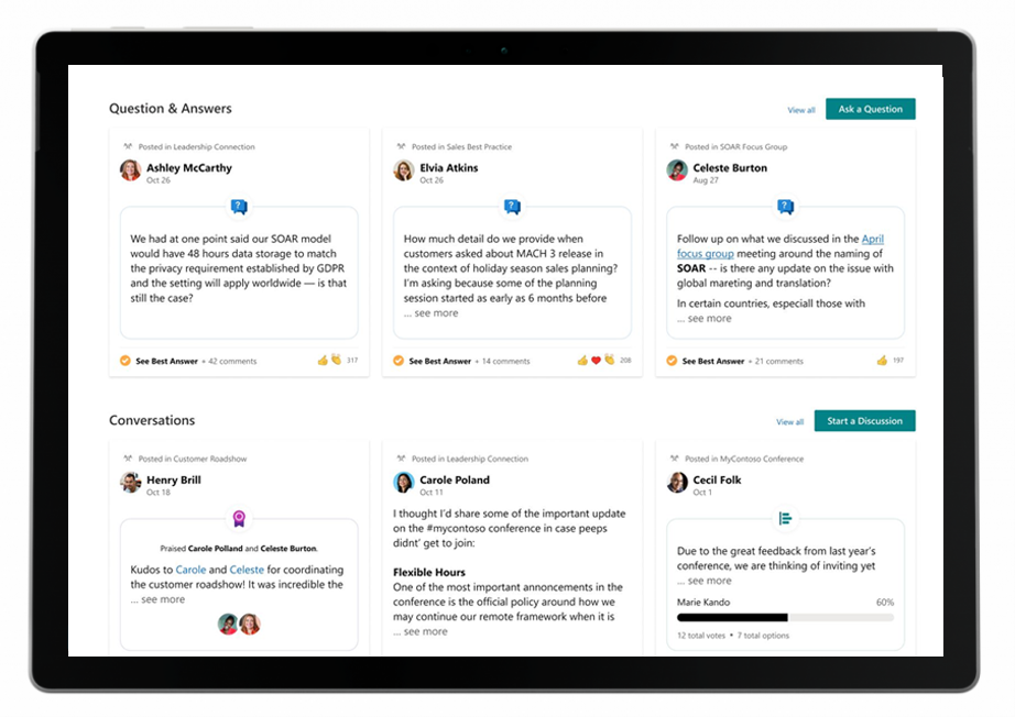 Los usuarios verán temas en Yammer mejorados con experiencias de Viva Topics, como tarjetas de Viva Topics. Las experiencias de Viva Topics como las páginas y tarjetas incluirán contenido de Yammer (como conversaciones y preguntas y respuestas). 