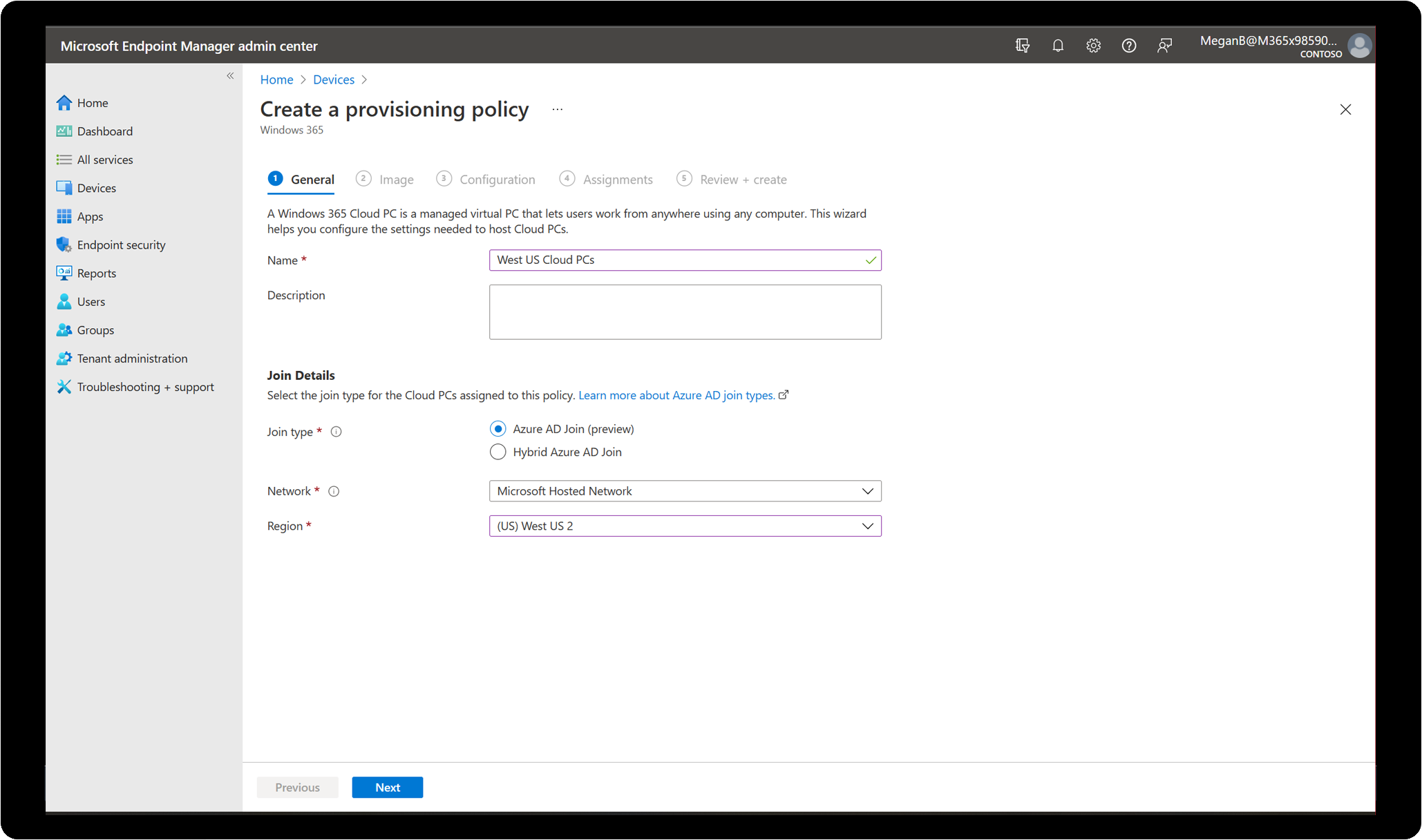 El centro de administración de Microsoft Endpoint Manager muestra el asistente usado para ajustar la configuración necesaria para hospedar los PC en la nube.