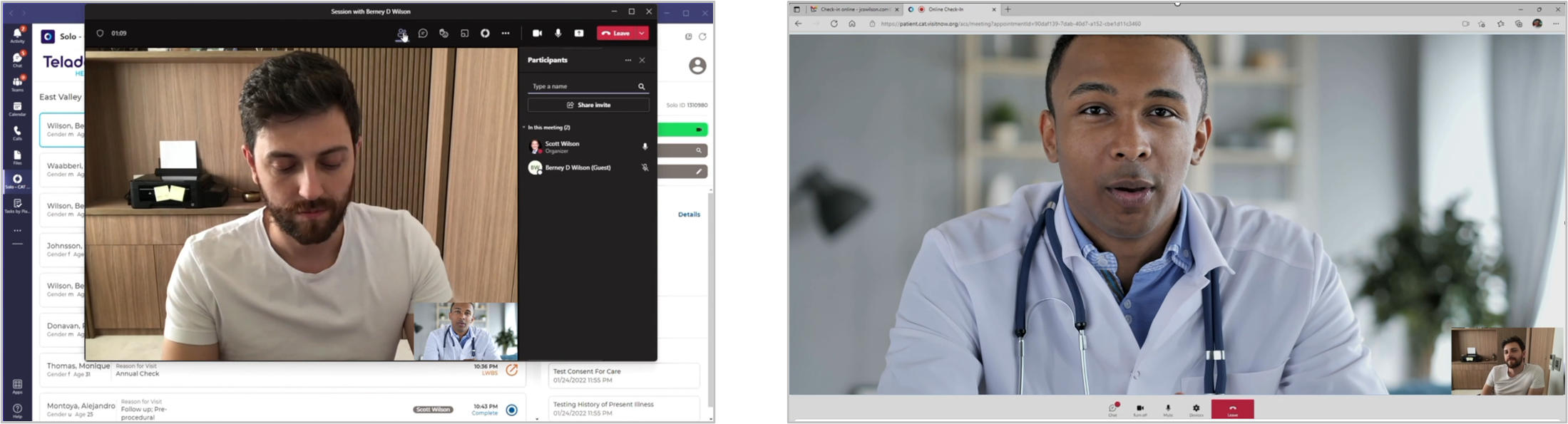 Visualización en paralelo de la aplicación personalizada de Teladoc Health para la asistencia sanitaria virtual. Vista del equipo clínico a la izquierda que muestra al paciente y vista del paciente a la derecha que muestra al médico. 