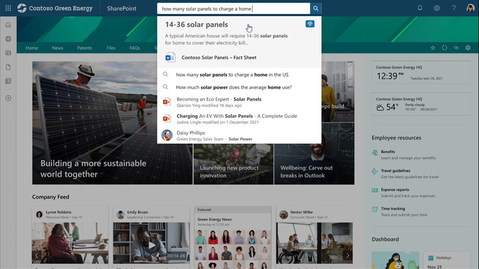 Una página de SharePoint para la empresa Contoso Green Energy, con la barra de búsqueda en la parte superior, la consulta “how many solar panels to charge a home” y una lista de respuestas sugeridas, archivos relevantes y un contacto recomendado.