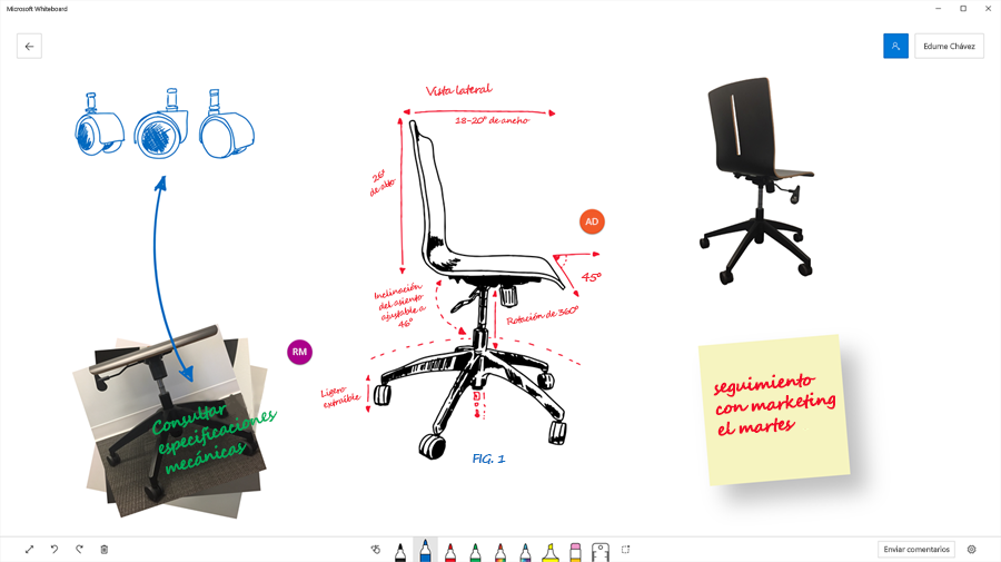 Imagen donde se muestra cómo un equipo usó Microsoft Whiteboard para visualizar el diseño de una silla de oficina.