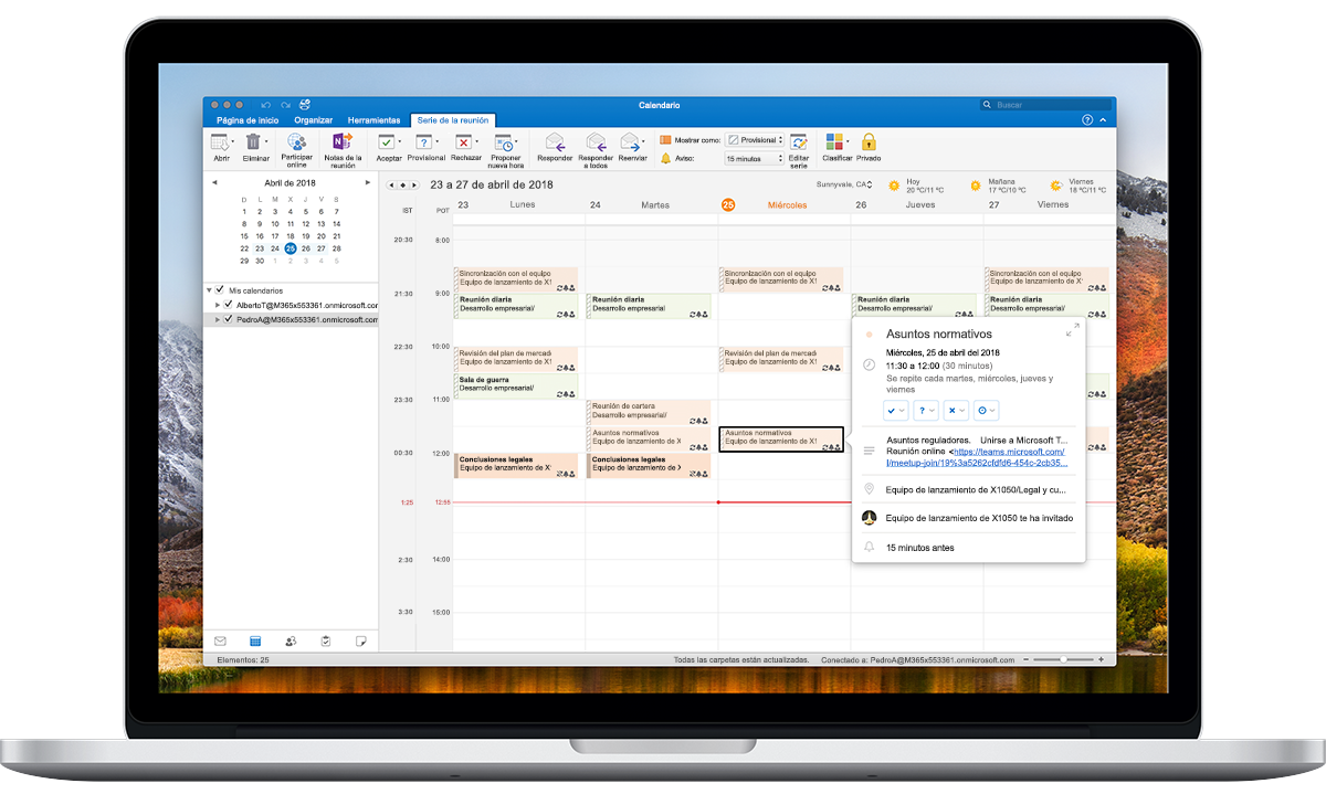 Un portátil abierto en el que se muestran las opciones de zona horaria en Calendario de Outlook.