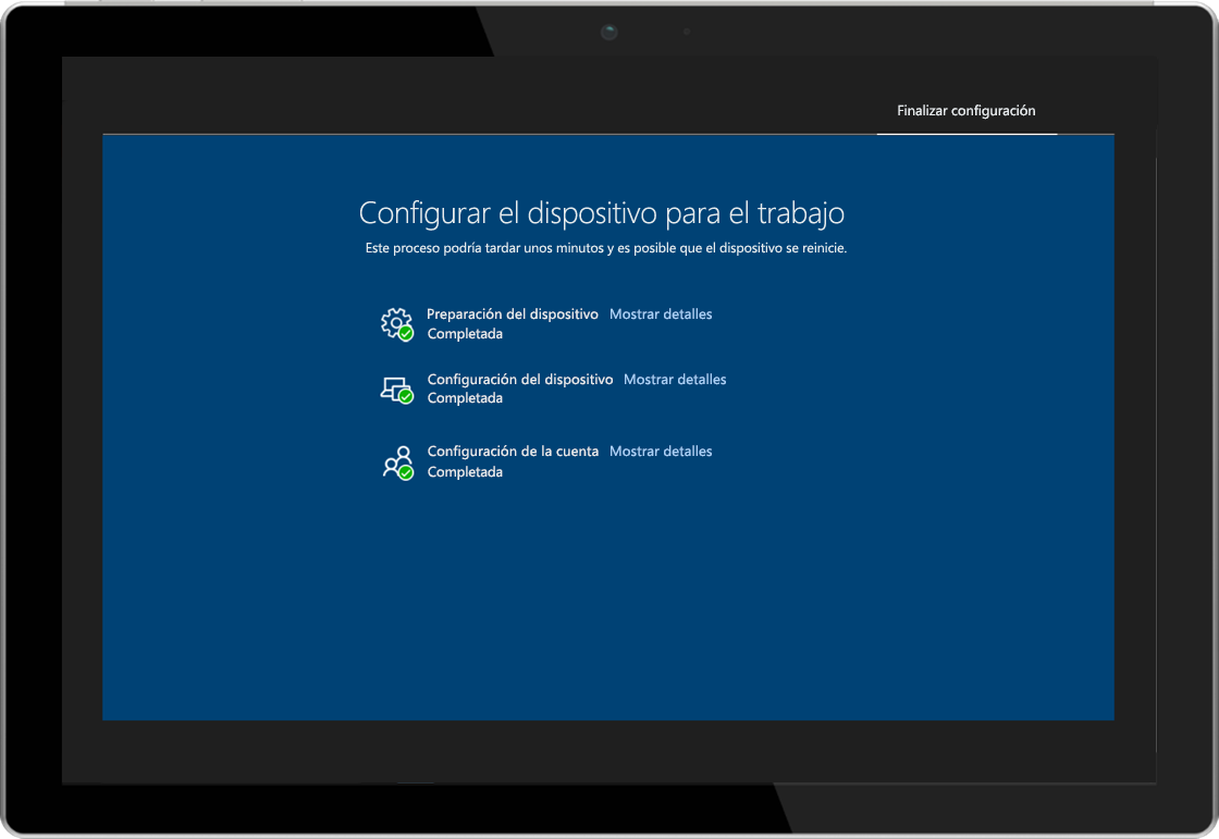 Imagen de una tableta en la que se muestra la página de estado de inscripción de Windows AutoPilot