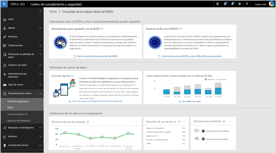 Captura de pantalla del panel del RGPD en el Centro de seguridad y cumplimiento.
