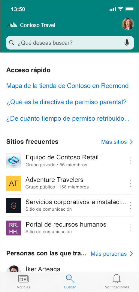 En esta imagen se muestra la pestaña Buscar, que estará disponible próximamente en la aplicación móvil de SharePoint, te permitirá buscar personas, contenido y respuestas a tus preguntas mientras estés fuera de la oficina.