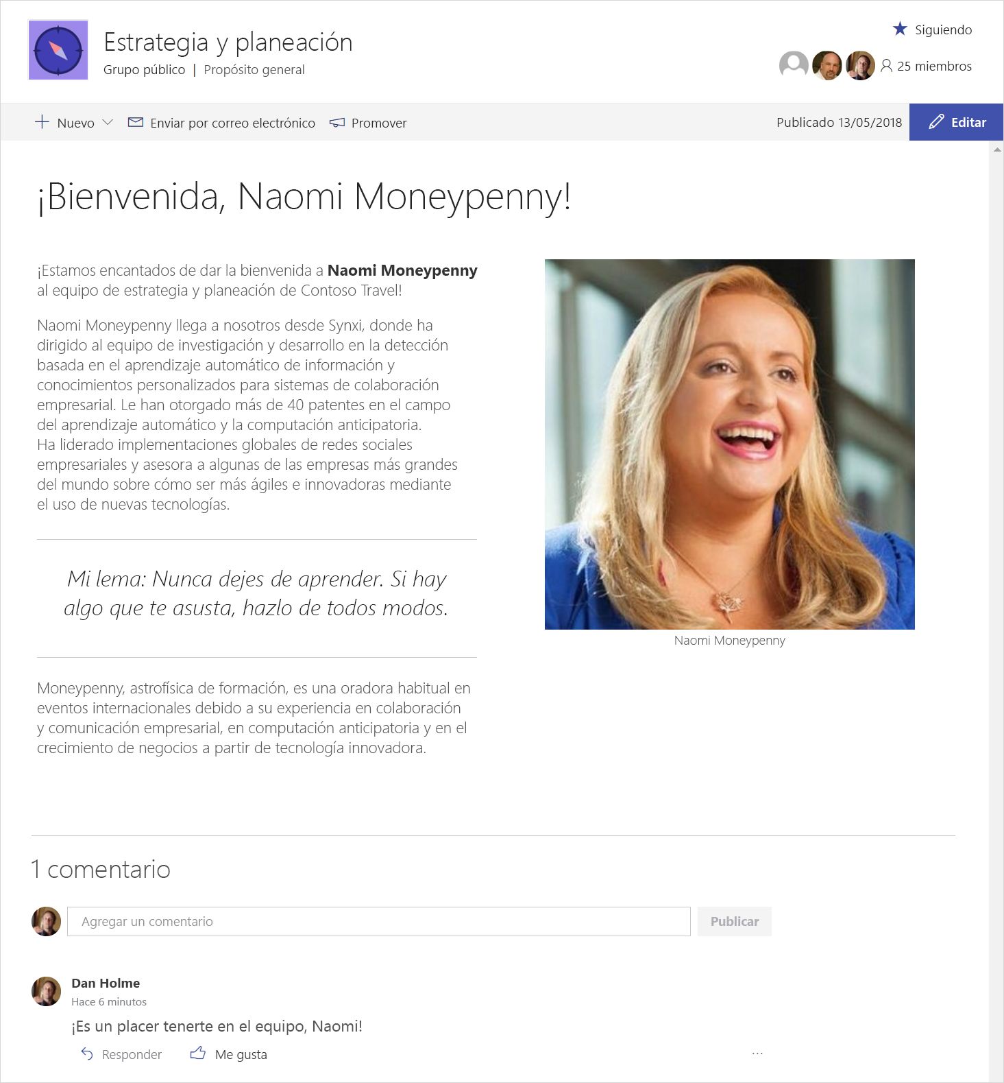 Una captura de pantalla en la que se muestran noticias de SharePoint, que usan páginas y elementos web con contenido valioso y dinámico para mantener a las personas actualizadas.