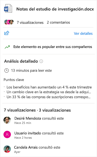 Se muestra una captura de pantalla como vistazo interior de un documento de Word, con puntos clave y tiempo para leer el documento.