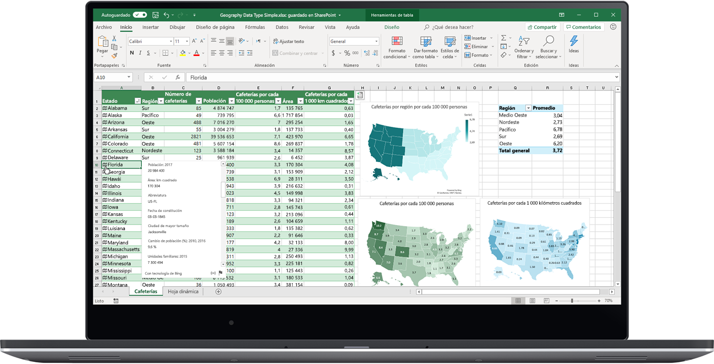 Una imagen que muestra el tipo de datos Información geográfica en Excel.