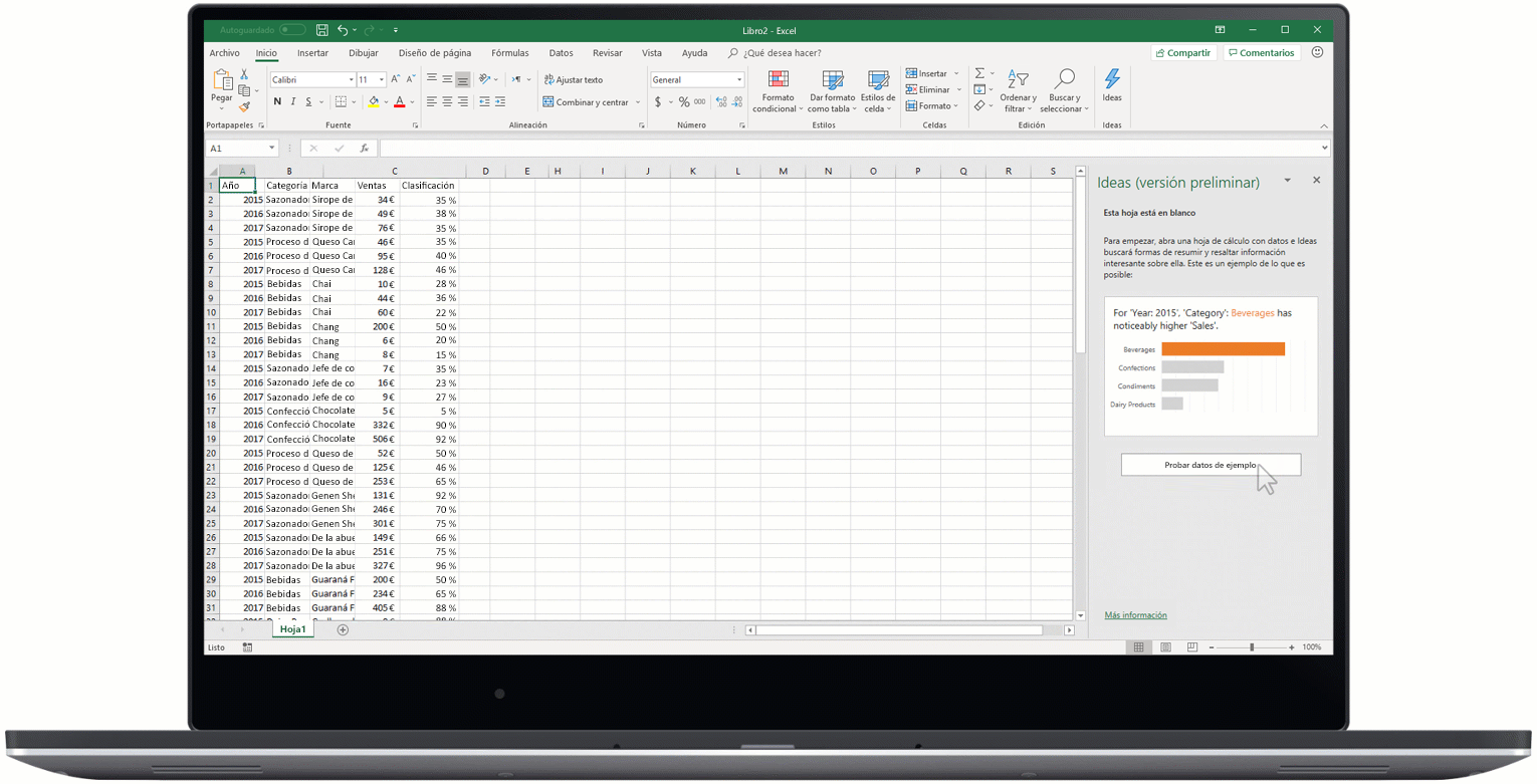 Una imagen animada que muestra Ideas en Excel.