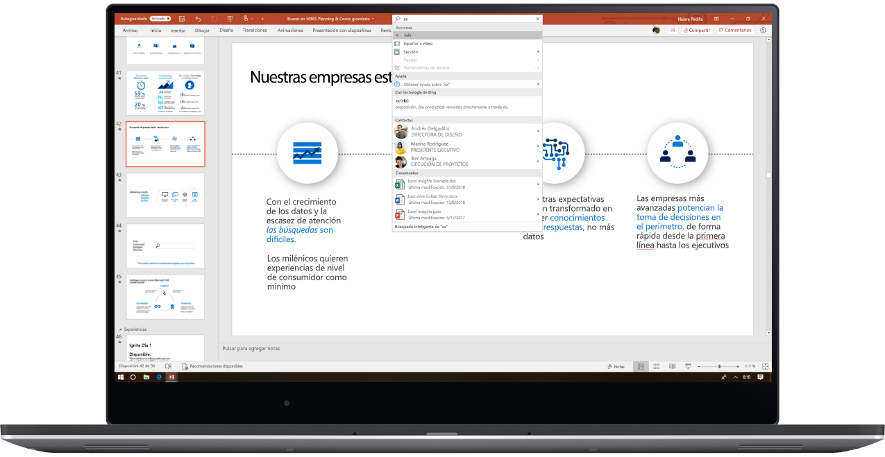 Una imagen en la que se muestra un portátil con PowerPoint abierto, en el cual el usuario utiliza Búsqueda de Microsoft.