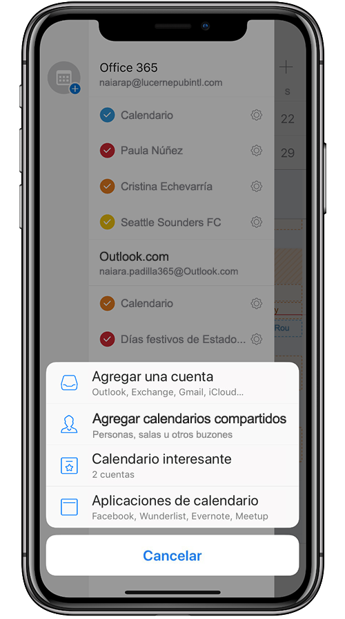 Imagen de un dispositivo móvil donde se agrega un calendario compartido en Outlook Mobile.