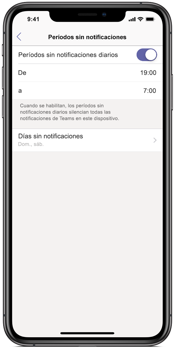 Imagen de la pantalla de un teléfono en la que se muestra Microsoft Teams, donde se ha establecido un período sin notificaciones de 19:00 a 7:00.