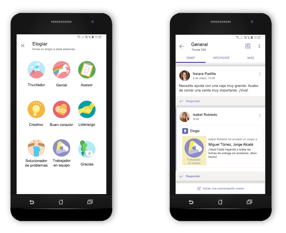 Dos teléfonos móviles muestran la nueva característica Elogiar usada en Teams.