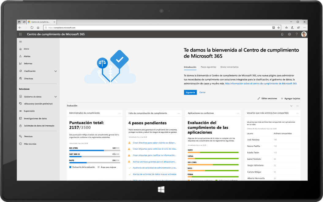 Imagen de una tableta en la que se muestra el nuevo Centro de cumplimiento de Microsoft 365.