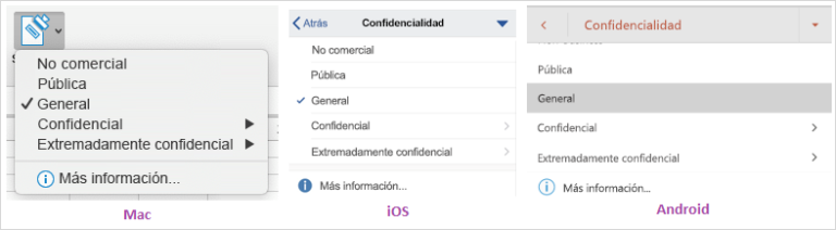 Captura de pantalla de la lista desplegable de datos confidenciales que se muestra en Mac, iOS y Android.