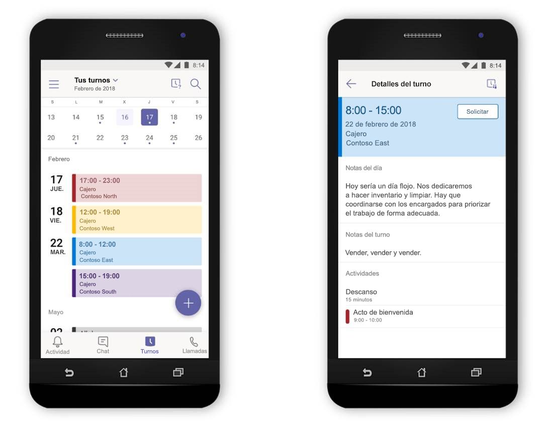 Una imagen de dos teléfonos ubicados uno junto al otro, que muestra la característica de Turnos en Microsoft Teams.