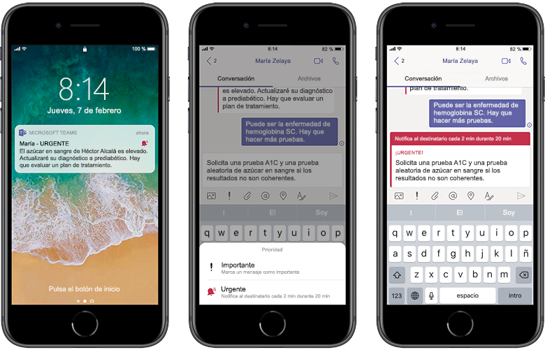 Imagen en la que aparecen tres teléfonos y en la que se muestra a un médico recibiendo un mensaje en Teams.
