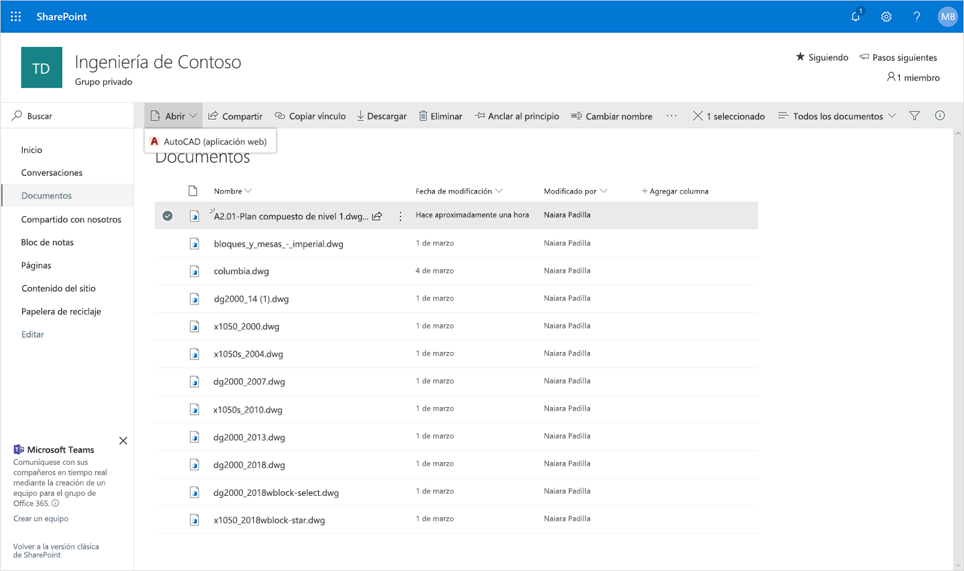 Captura de pantalla de la aplicación web de AutoCAD abierta en SharePoint.