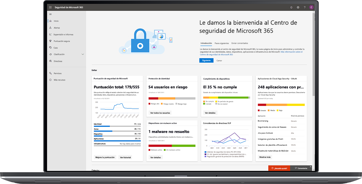 Imagen que muestra el panel del Centro de seguridad de Microsoft 365.