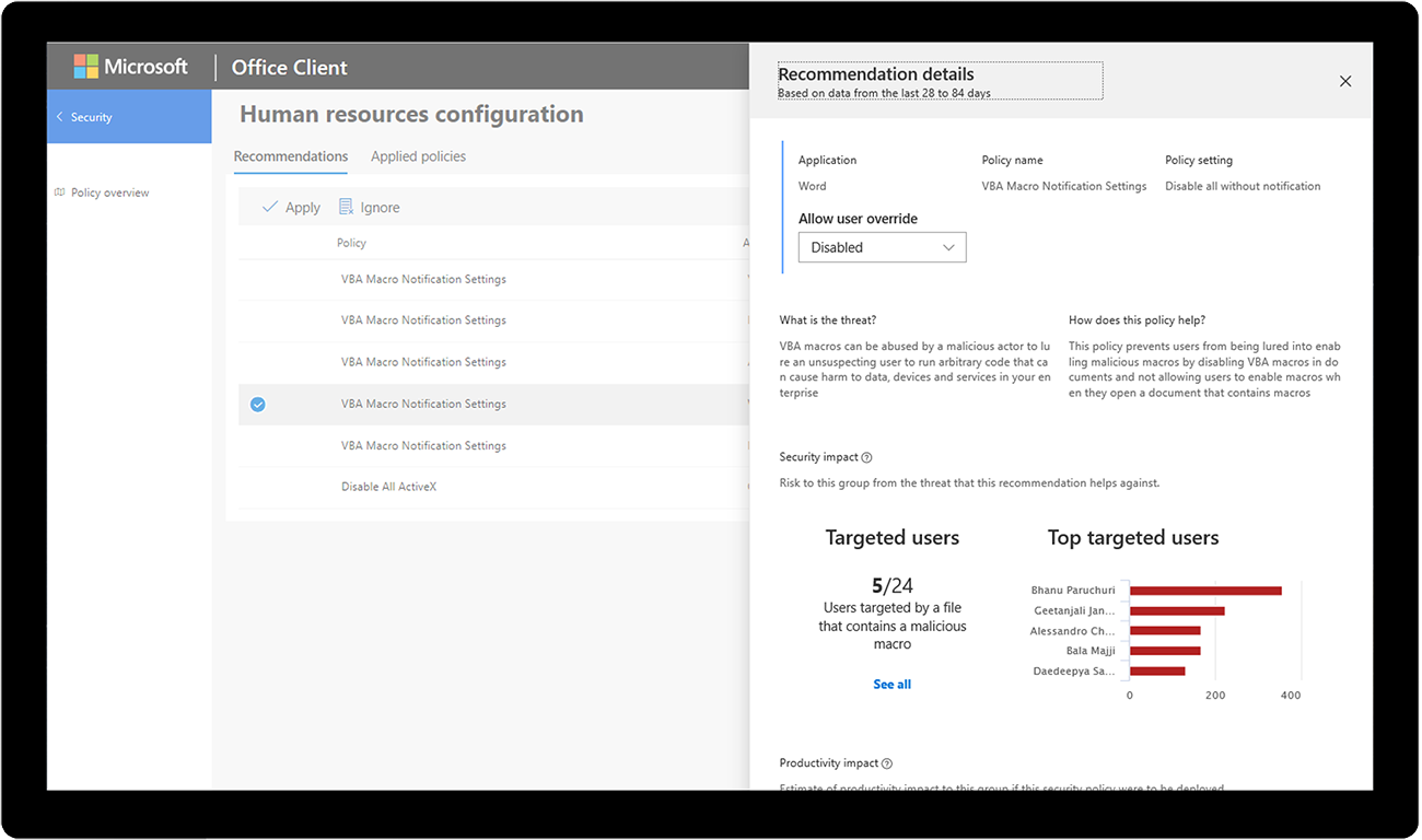 Imagen de recomendaciones para usuarios de destino en Cliente de Microsoft Office.